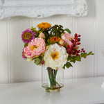 Peony Artificial Flower Arrangement in Watered Glass Vase