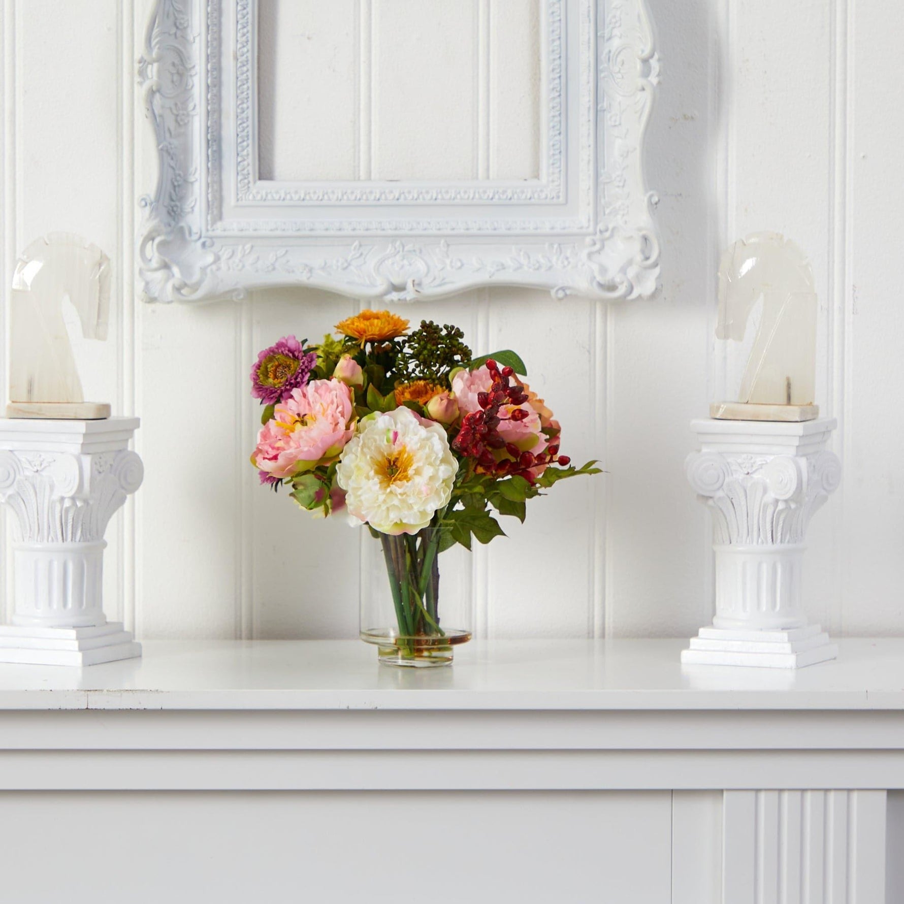 Peony Artificial Flower Arrangement in Watered Glass Vase