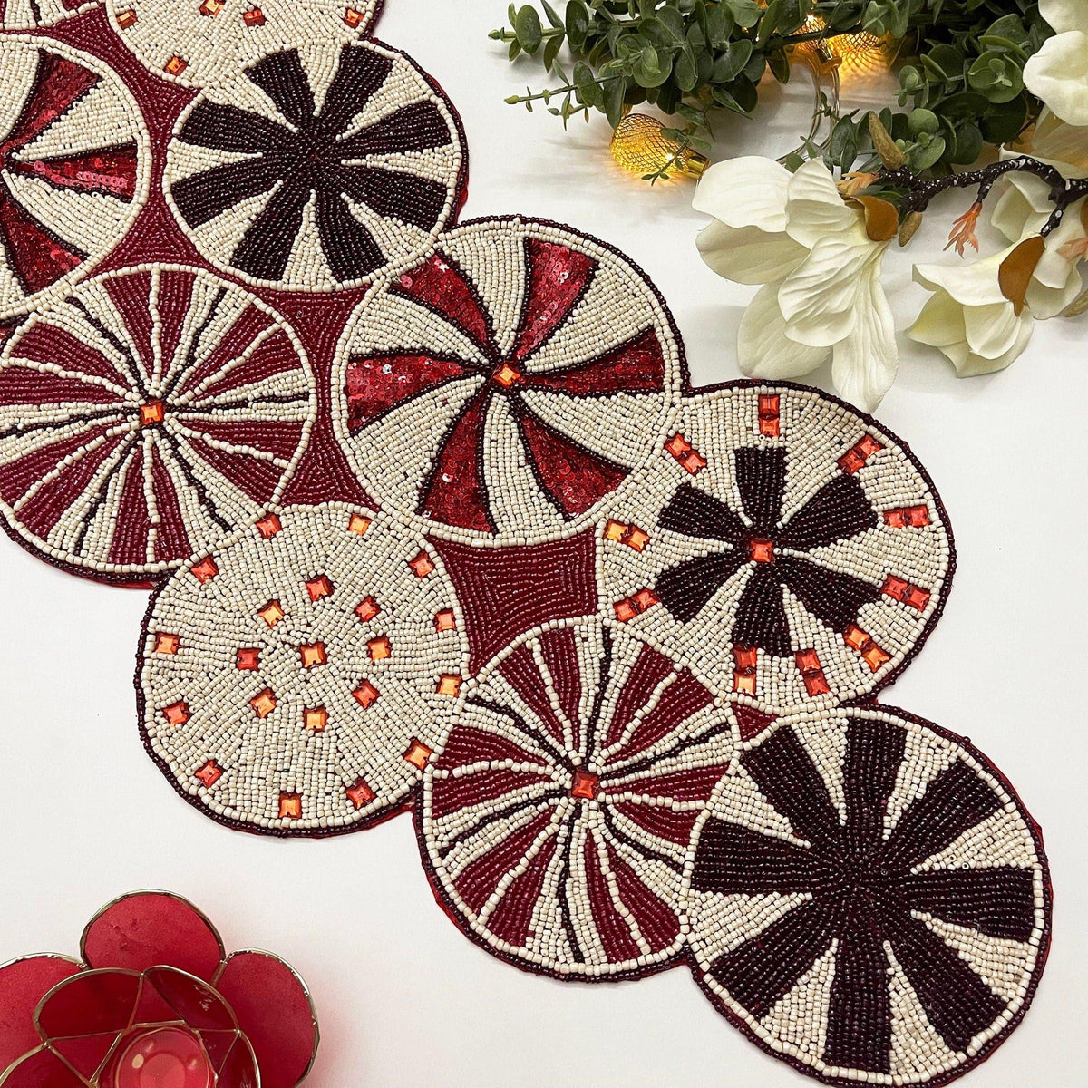 Peppermint Swirl Candy Cane Beaded Table Runner