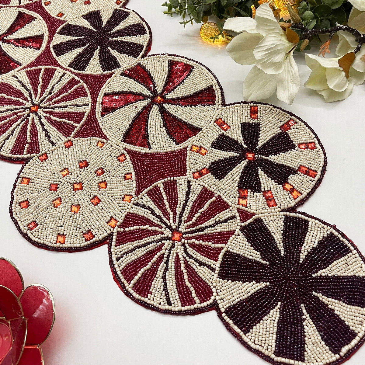 Peppermint Swirl Candy Cane Beaded Table Runner