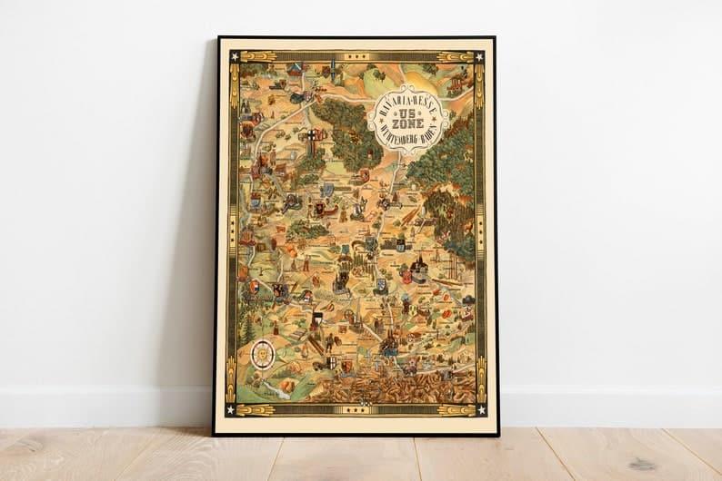 Pictorial Map of American Occupation Areas in Germany after World War 2| WW2 Germany Wall Art Print - MAIA HOMES