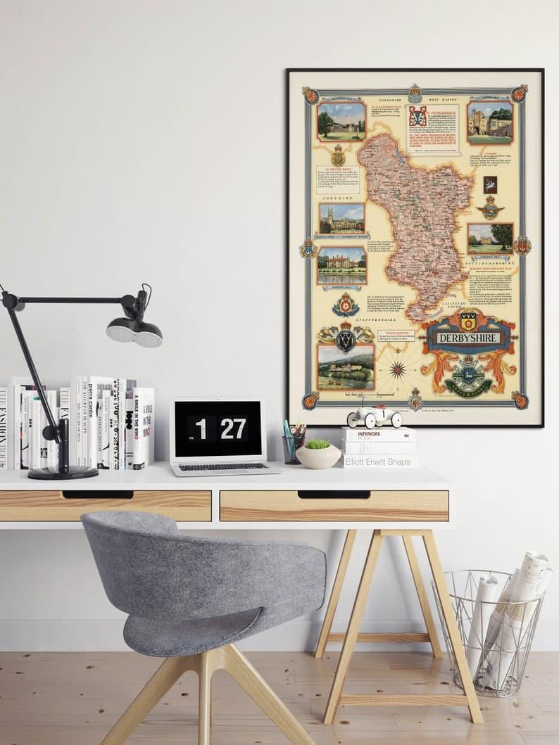 Pictorial Map of Derbyshire| Framed Poster Print