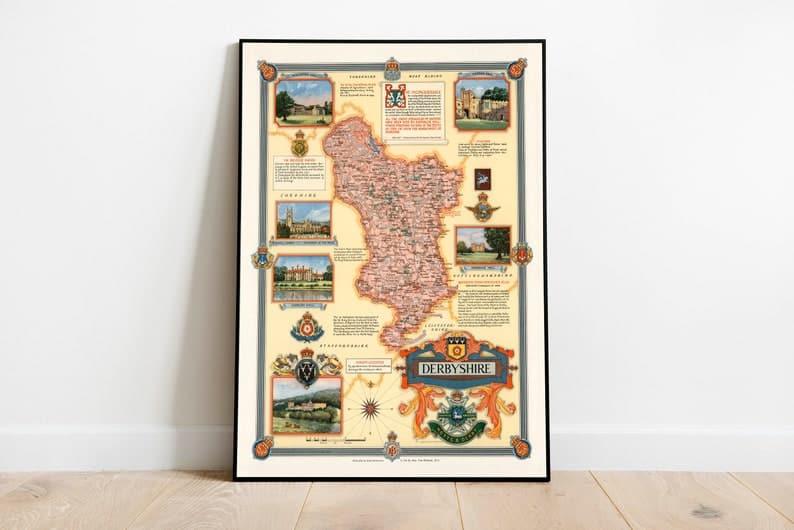 Pictorial Map of Derbyshire| Framed Poster Print