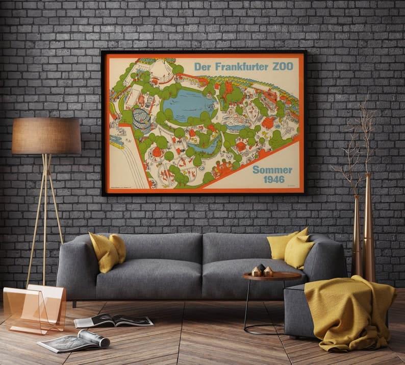 Pictorial Map of Frankfurt Zoo in 1946| Home Wall Art Print