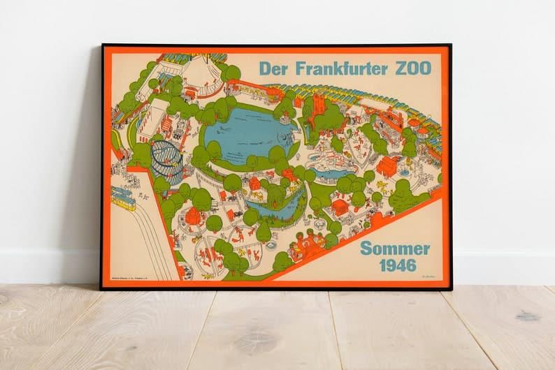 Pictorial Map of Frankfurt Zoo in 1946| Home Wall Art Print