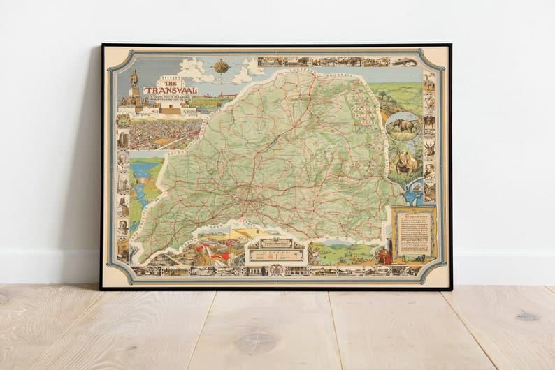 Pictorial Map of the Transvaal or the South African Republic 1935| Canvas Print Wall Art