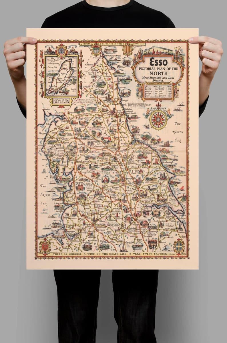 Pictorial Map of Wales with Neighbouring Counties| Wales Map Wall Print