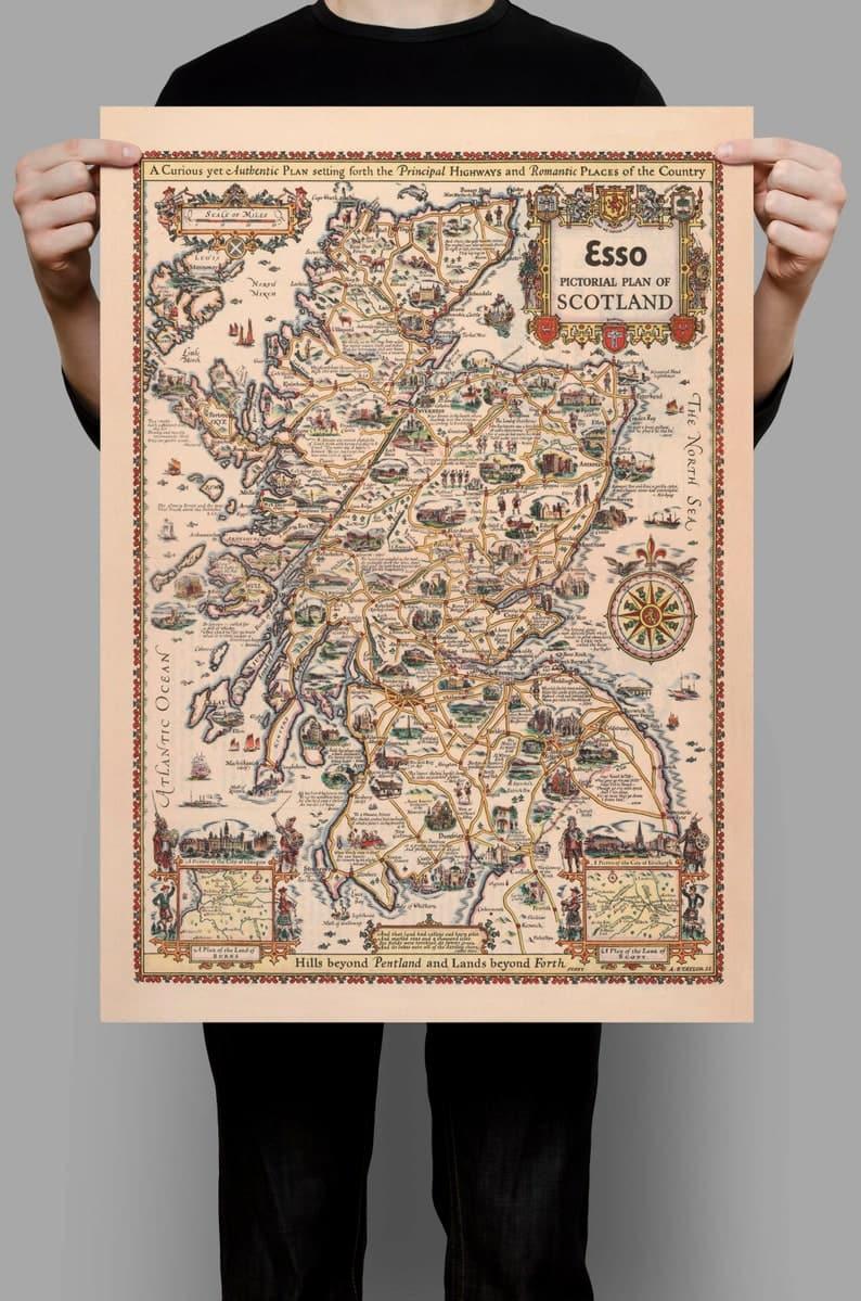 Pictorial Plan of Scotland Wall Print| Scotland Old Map Wall Art Print - MAIA HOMES