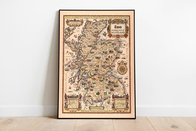 Pictorial Plan of Scotland Wall Print| Scotland Old Map Wall Art Print