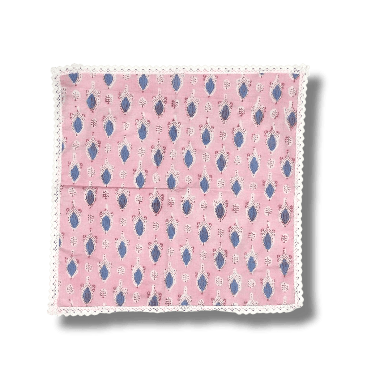 Pink and Blue Block Print Cotton Napkins with White Border Lace