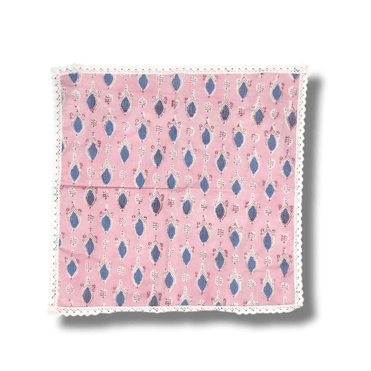 Pink and Blue Block Print Cotton Napkins with White Border Lace