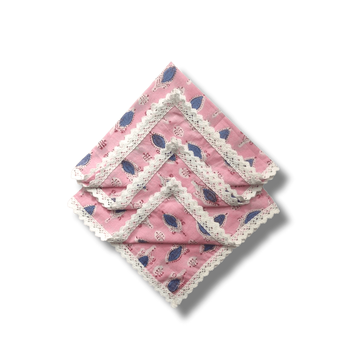 Pink and Blue Block Print Cotton Napkins with White Border Lace