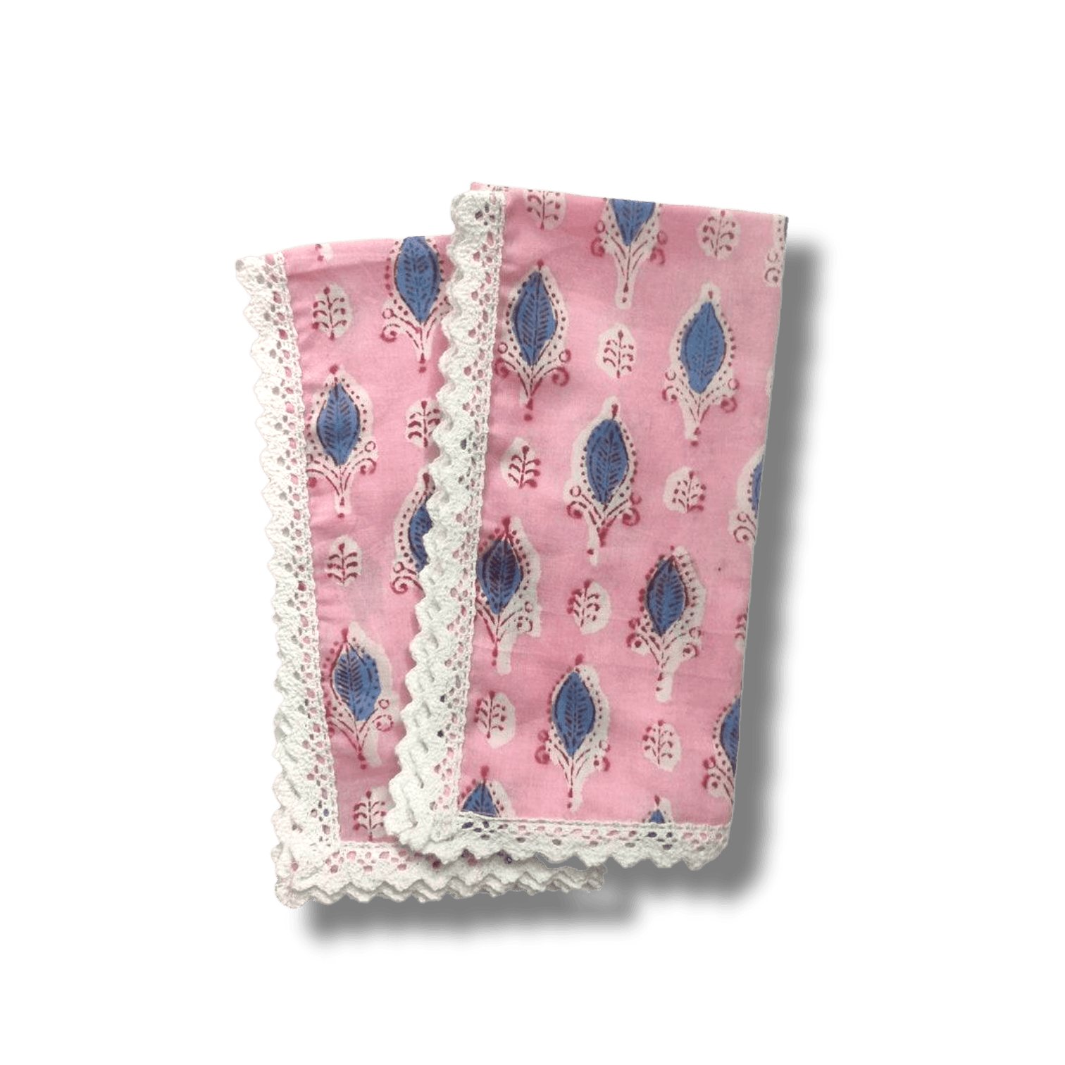 Pink and Blue Block Print Cotton Napkins with White Border Lace