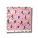 Pink and Blue Block Print Cotton Napkins with White Border Lace