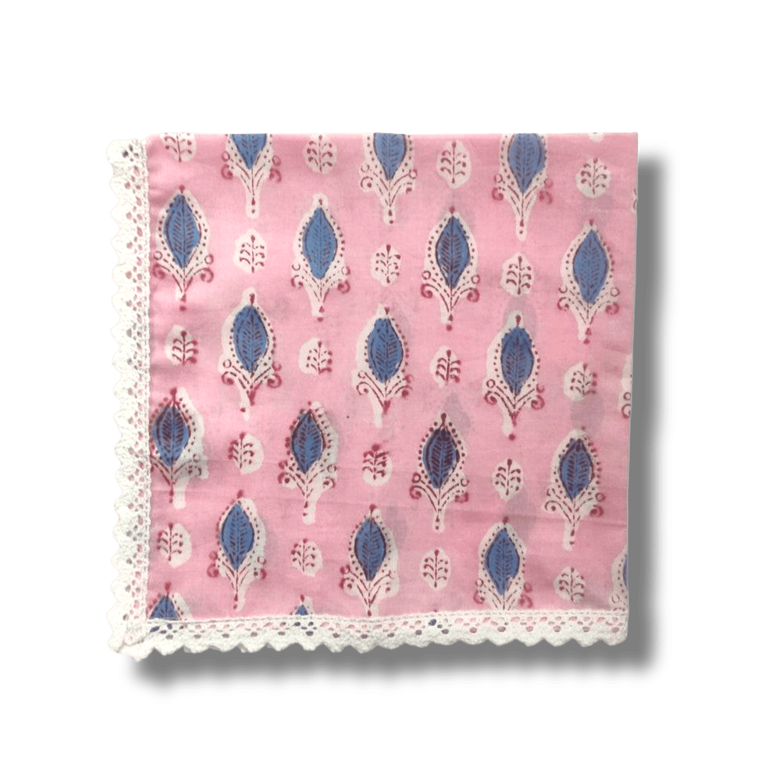 Pink and Blue Block Print Cotton Napkins with White Border Lace