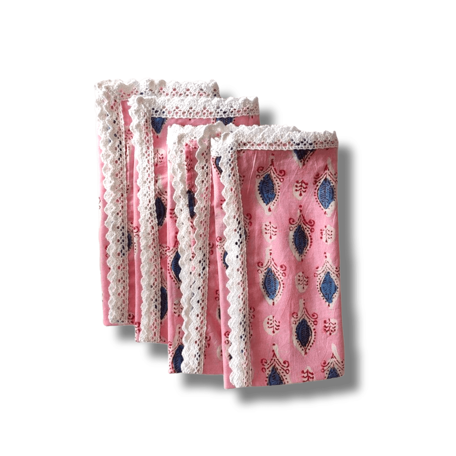 Pink and Blue Block Print Cotton Napkins with White Border Lace