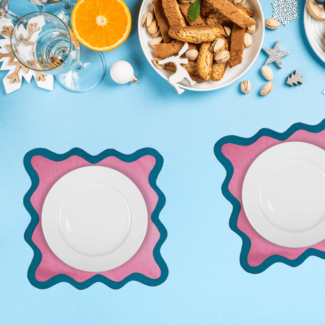 Pink and Blue Scallop 100% Linen Square Placemat