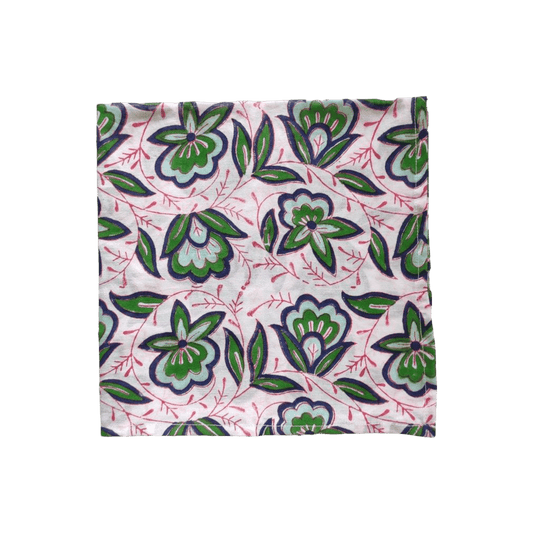 Pink and Green Floral Block Printed Cotton Napkins