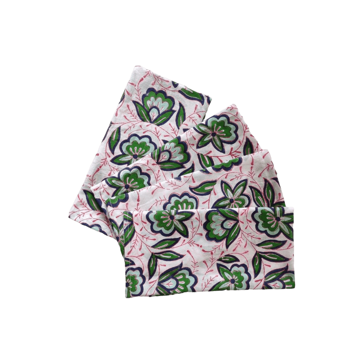 Pink and Green Floral Block Printed Cotton Napkins