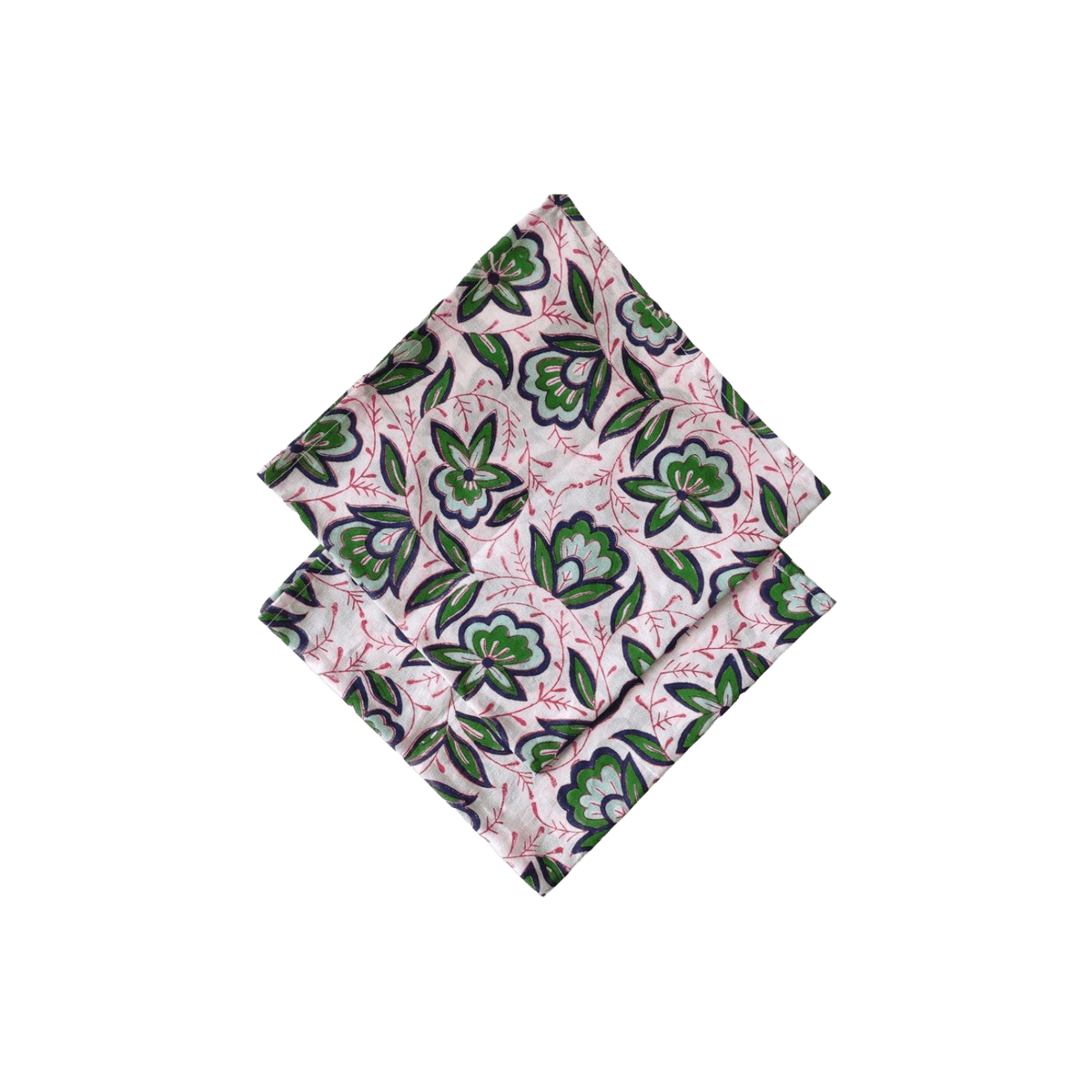 Pink and Green Floral Block Printed Cotton Napkins