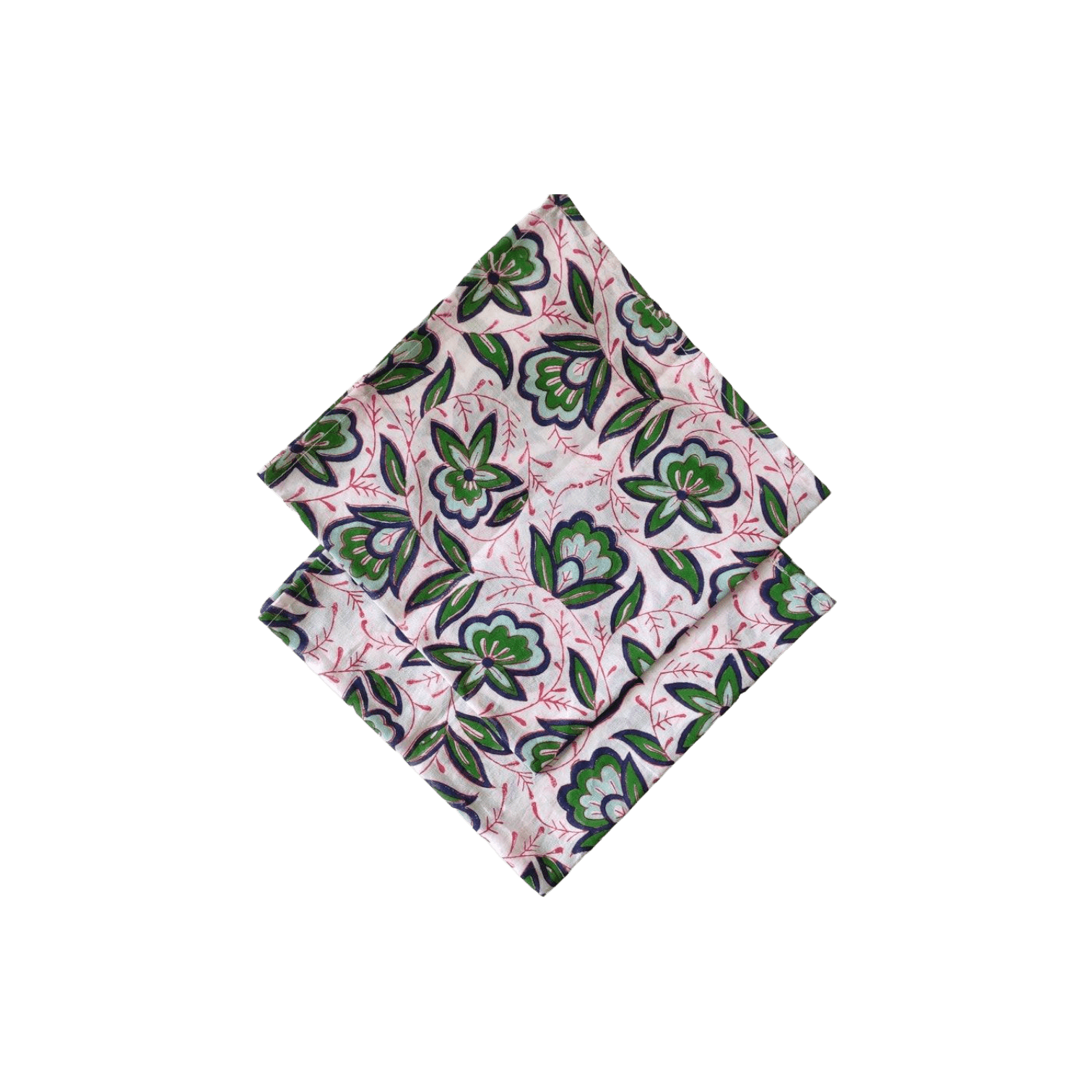 Pink and Green Floral Block Printed Cotton Napkins