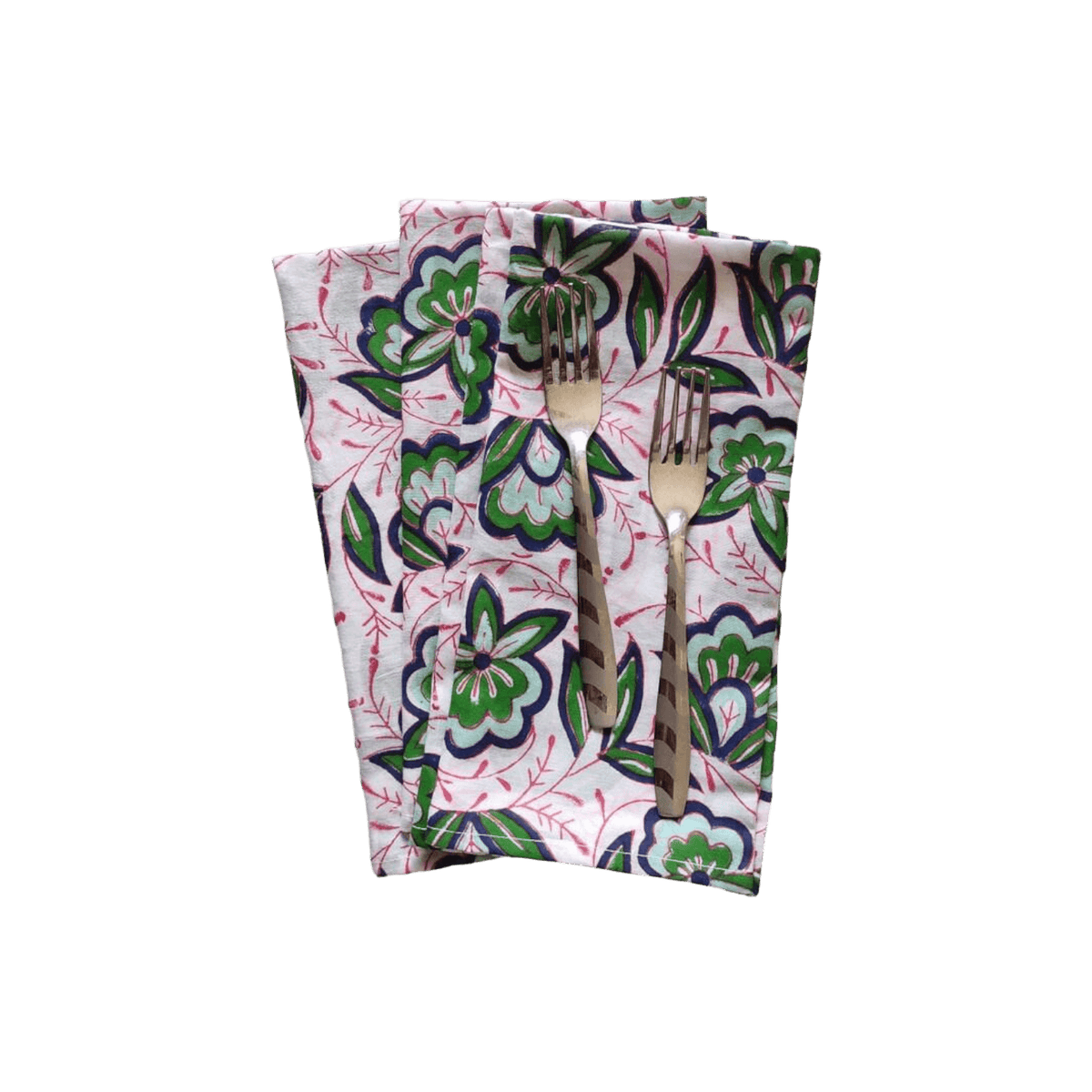 Pink and Green Floral Block Printed Cotton Napkins