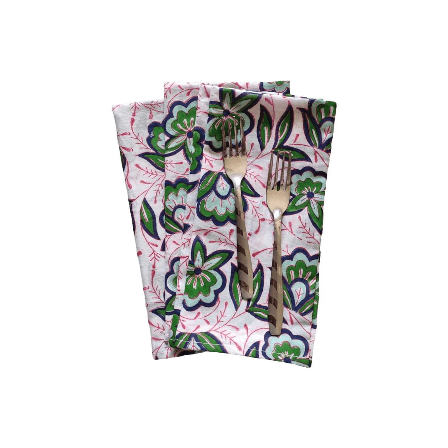 Pink and Green Floral Block Printed Cotton Napkins