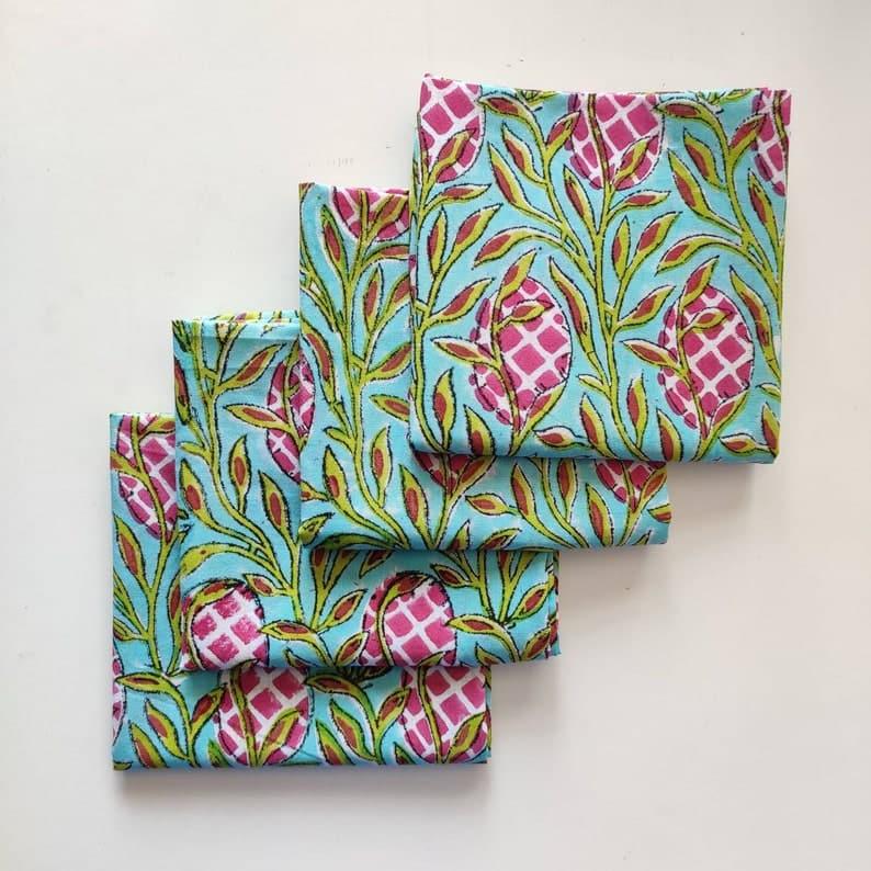 Pink and Green Floral Hand Block Printed Cotton Napkins