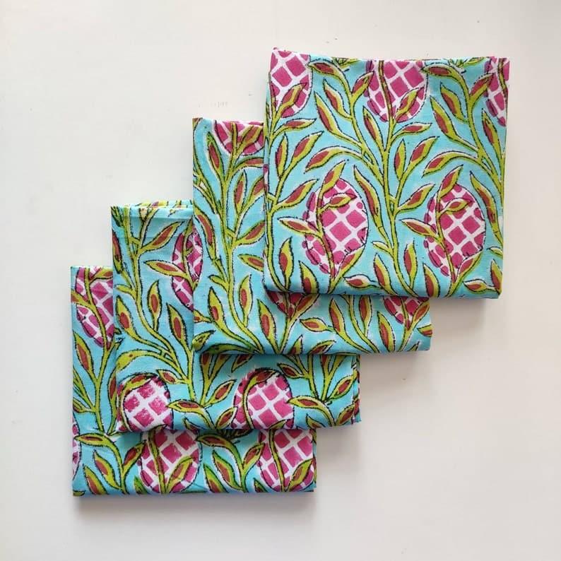 Pink and Green Floral Hand Block Printed Cotton Napkins - MAIA HOMES
