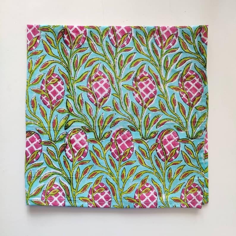 Pink and Green Floral Hand Block Printed Cotton Napkins