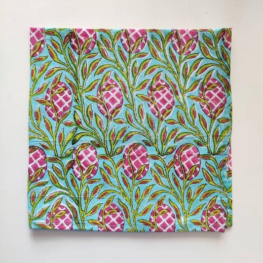 Pink and Green Floral Hand Block Printed Cotton Napkins - MAIA HOMES