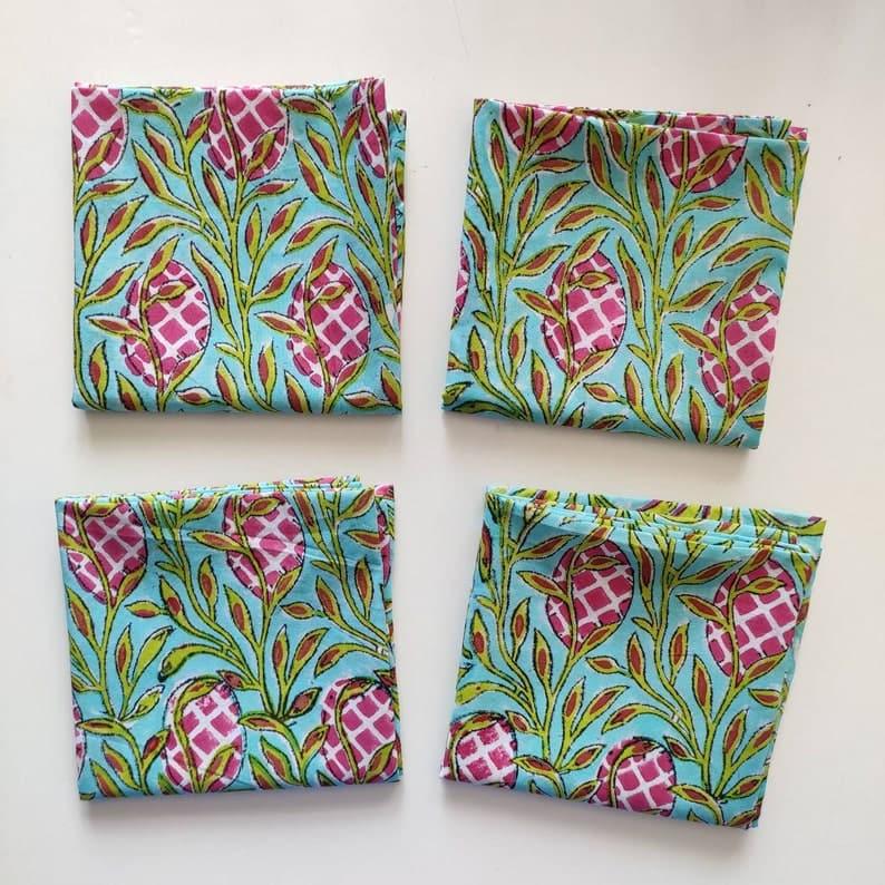 Pink and Green Floral Hand Block Printed Cotton Napkins