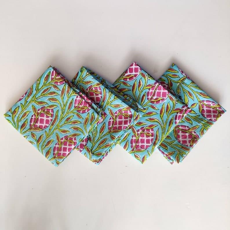 Pink and Green Floral Hand Block Printed Cotton Napkins