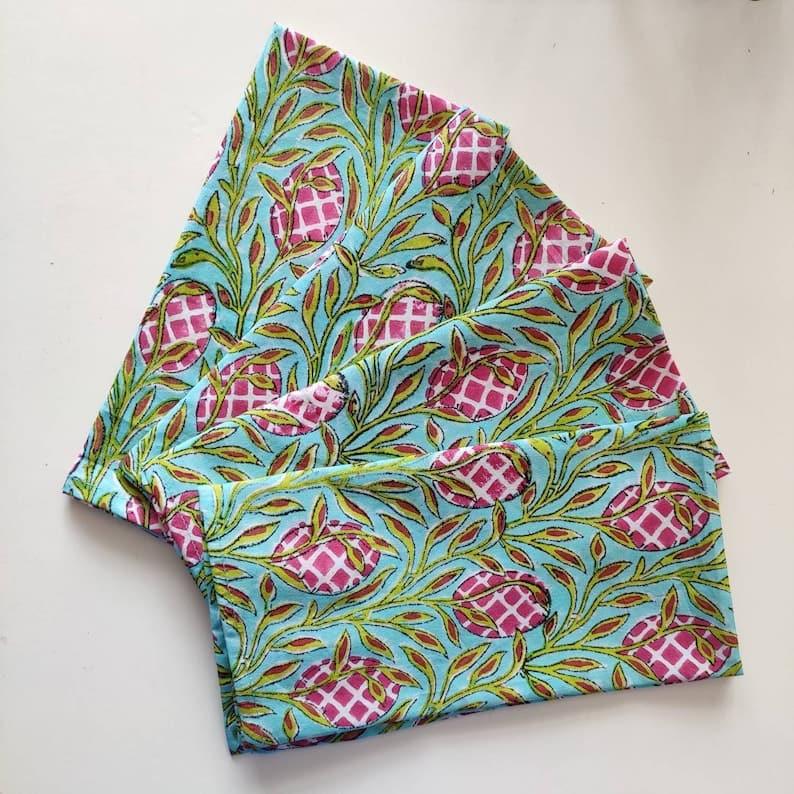 Pink and Green Floral Hand Block Printed Cotton Napkins