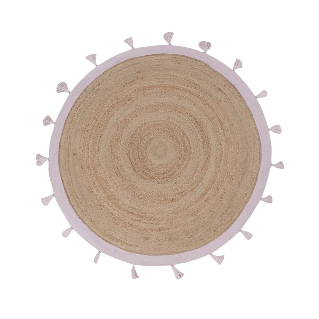 Pink and Natural Round Jute Rug with Tassels - MAIA HOMES