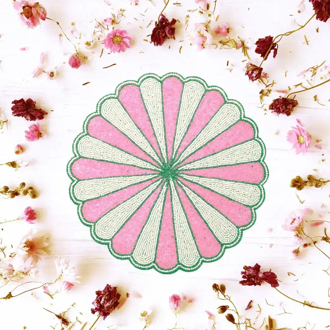 Pink and White Beaded Scallop Round Placemats