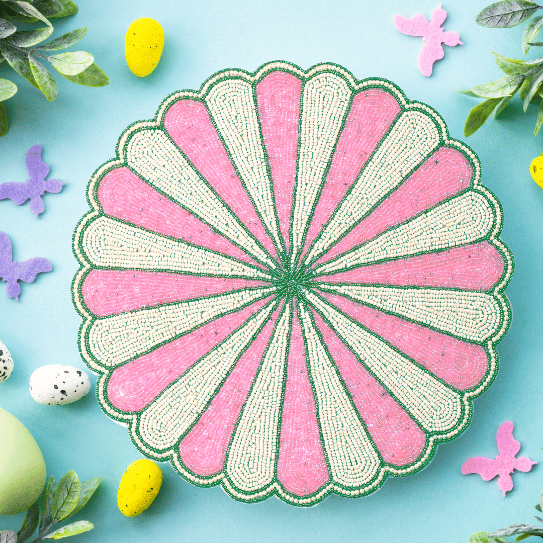 Pink and White Beaded Scallop Round Placemats - MAIA HOMES