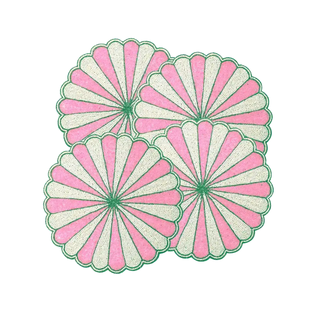 Pink and White Beaded Scallop Round Placemats