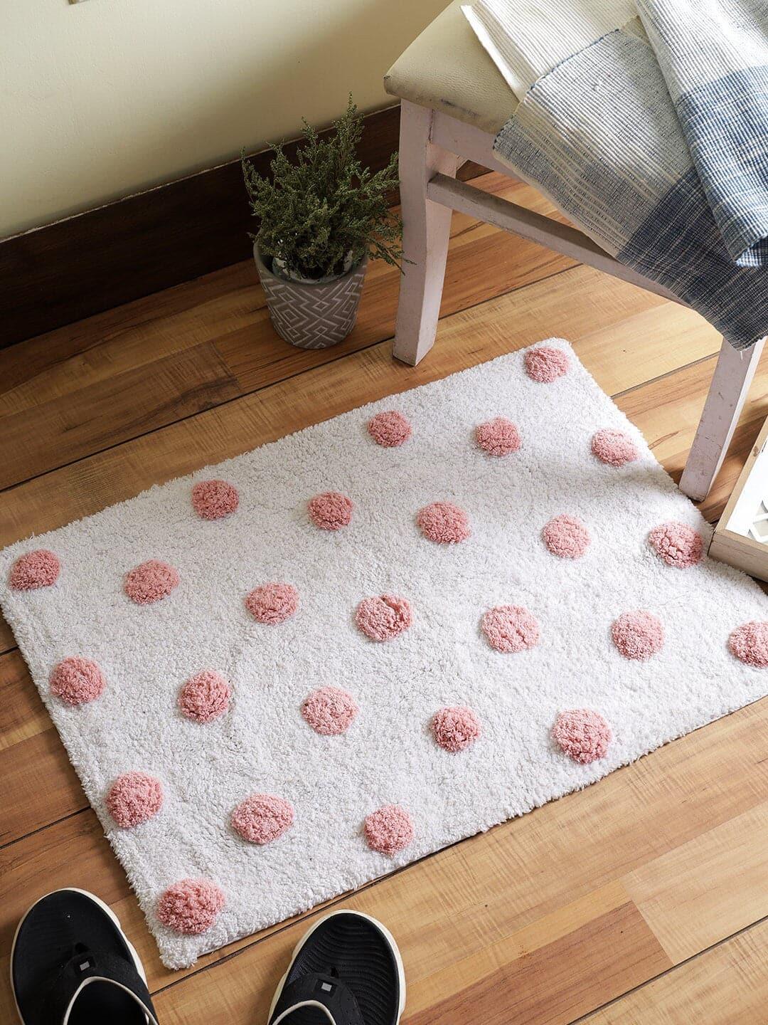 Pink and White Polka Dots Hand Tufted Cotton Bath Rug - MAIA HOMES