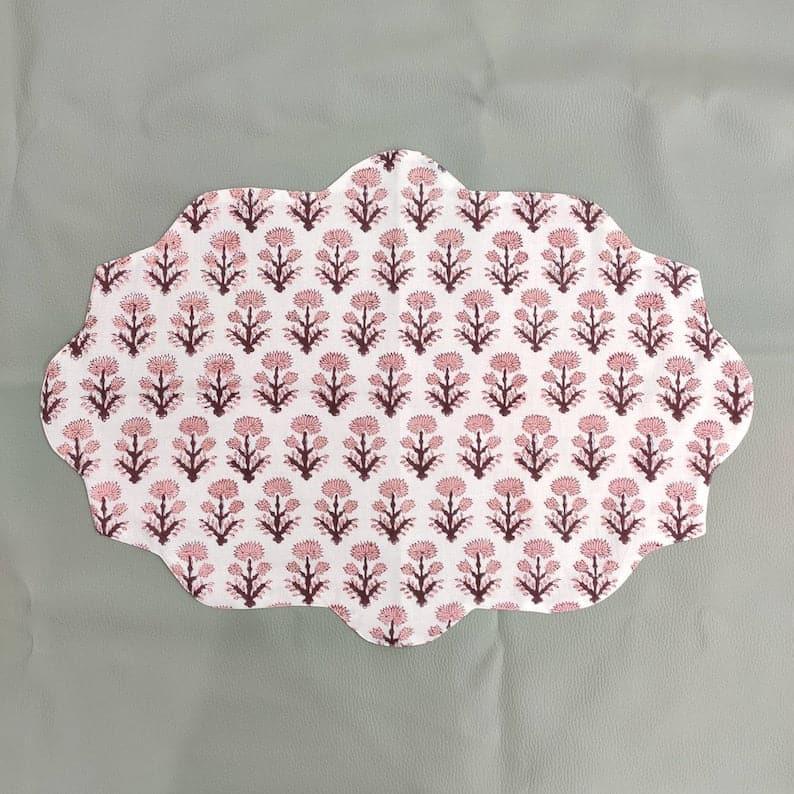 Pink Block Printed Floral Scalloped Oval Cotton Placemats