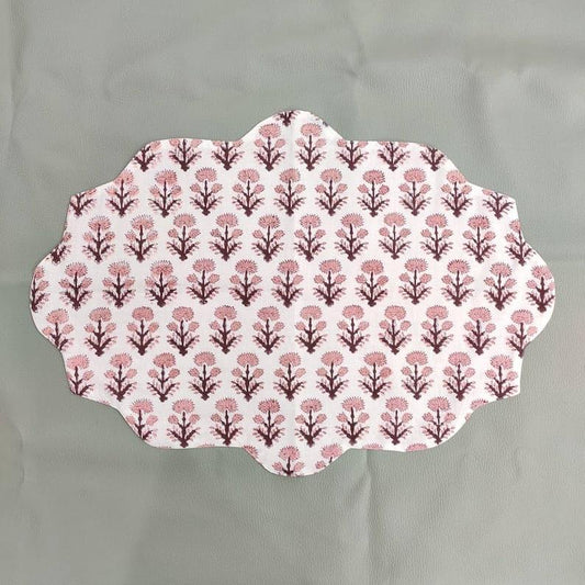 Pink Block Printed Floral Scalloped Oval Cotton Placemats - MAIA HOMES