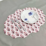 Pink Block Printed Floral Scalloped Oval Cotton Placemats