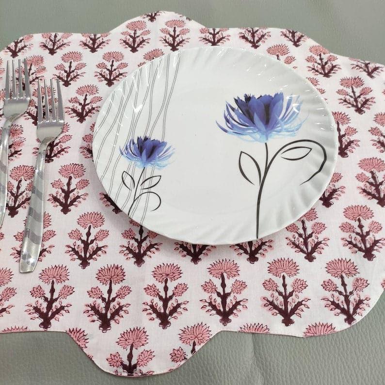 Pink Block Printed Floral Scalloped Oval Cotton Placemats