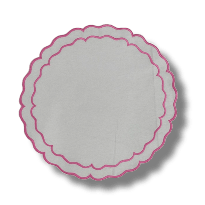 Pink Double Scalloped Round White Placemats