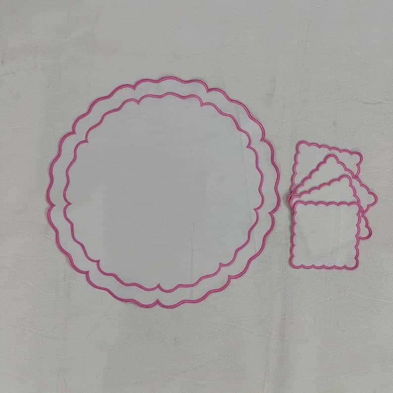 Pink Double Scalloped Round White Placemats