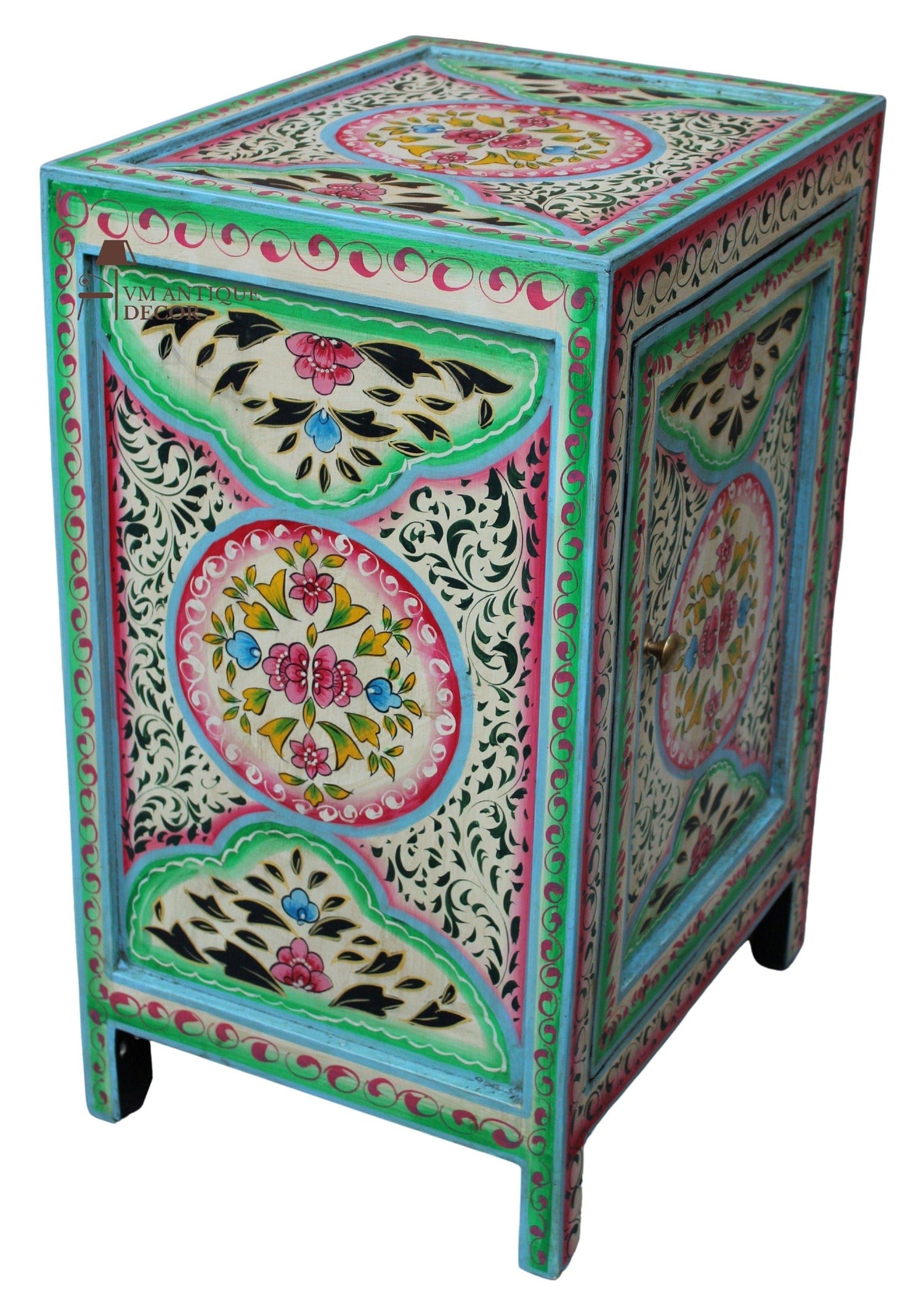 Pink Floral Hand Painted Wooden Cabinet Nightstand