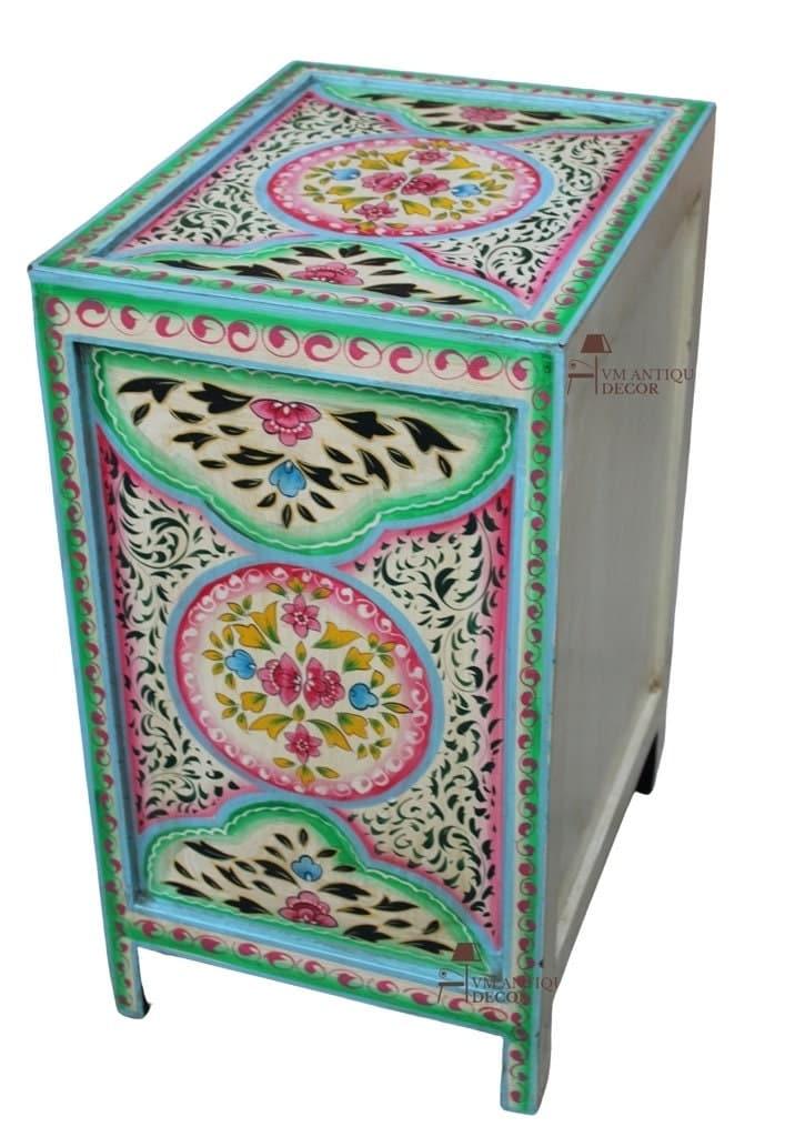 Pink Floral Hand Painted Wooden Cabinet Nightstand - MAIA HOMES