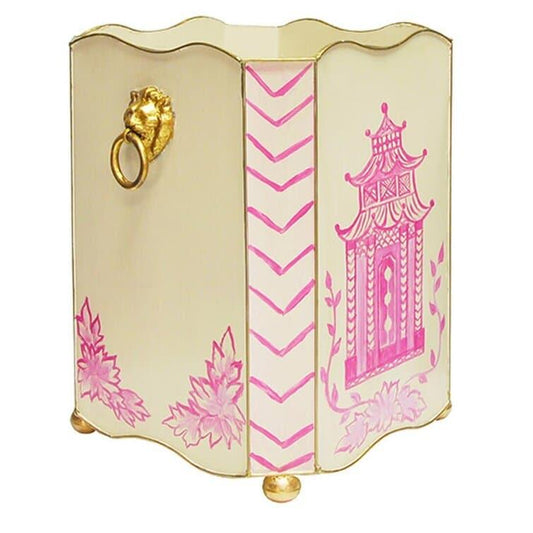 Pink Pagoda Waste Basket with Gold Lion Handles - MAIA HOMES