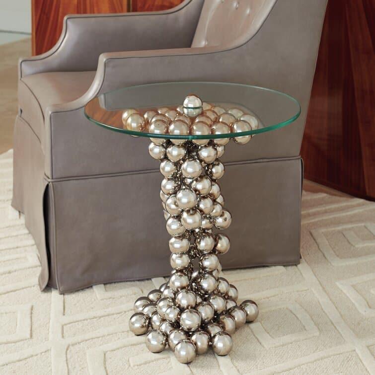 Polished Nickel Silver Balls Pedestal Glass Top End Table Default Title