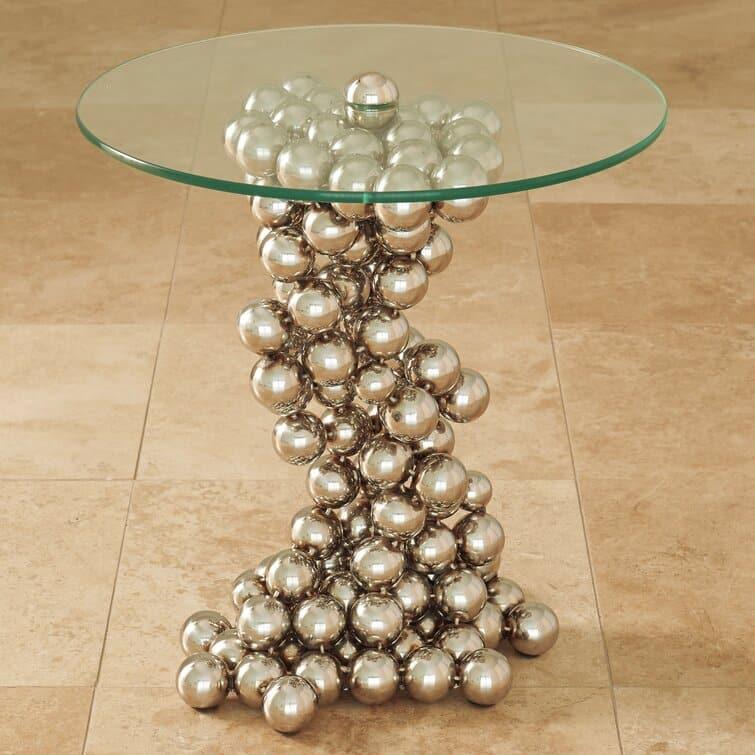 Polished Nickel Silver Balls Pedestal Glass Top End Table